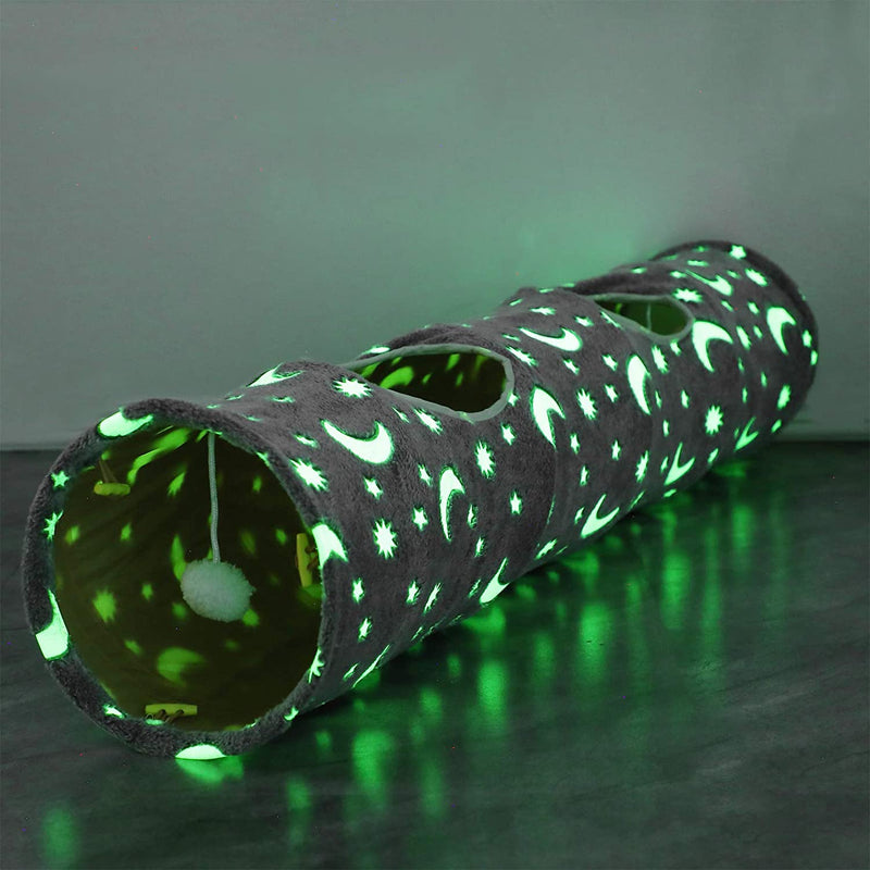 Cat Tunnel Tube with Plush Ball Toys Collapsible Self-Luminous Photoluminescence, for Small Animals Pets Bunny Rabbits, Kittens, Ferrets,Puppy and Dogs Grey Moon Star