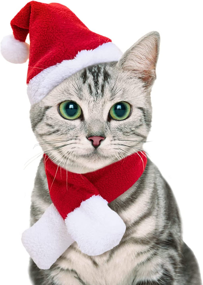 Cat Santa Hat Scarf Small Dog Christmas Costume Xmas Outfit Santa Claus Hat with Red Muffler for Kitten, Doggy, Rabbit, Statue, Toys Decoration