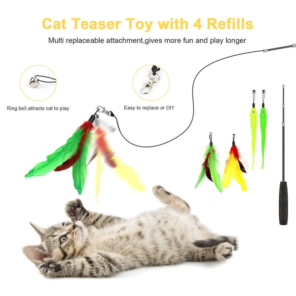 34Pcs Cat Toys Kitten Toys, Interactive Kitty Toys with Collapsible Cat Tunnels Tent, Cat Wand Catnip Feather Teaser